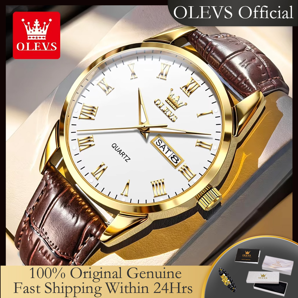 Leather Watch Band Men - OLEVS 5892 Original Quartz Watches Fashion